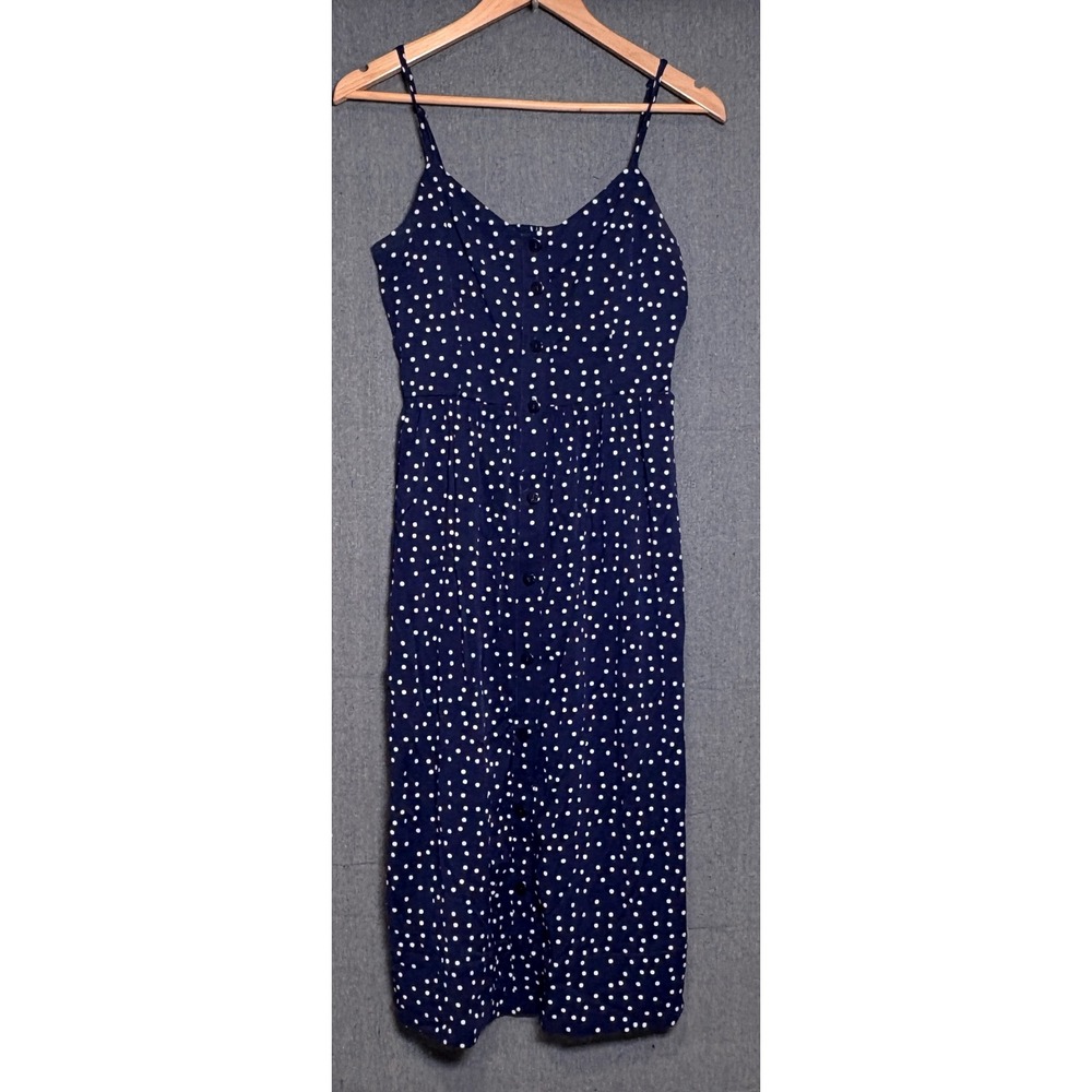 41 Hawthorn Navy Blue Polka Dot Button Front Midi Dress Smocked Back Small